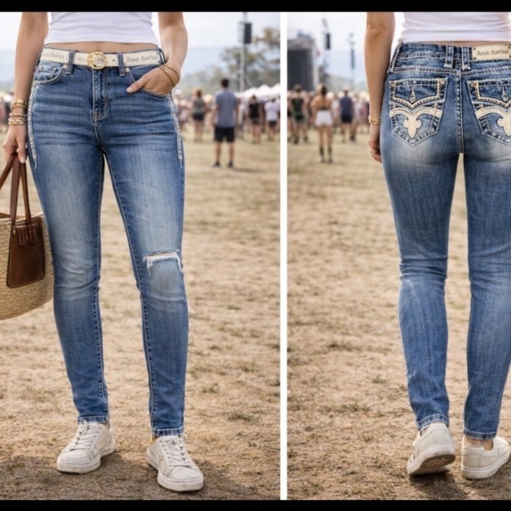Rock Revival‎ Everly Mid Rise Skinny Jeans Blue Distressed Embellished Size 26